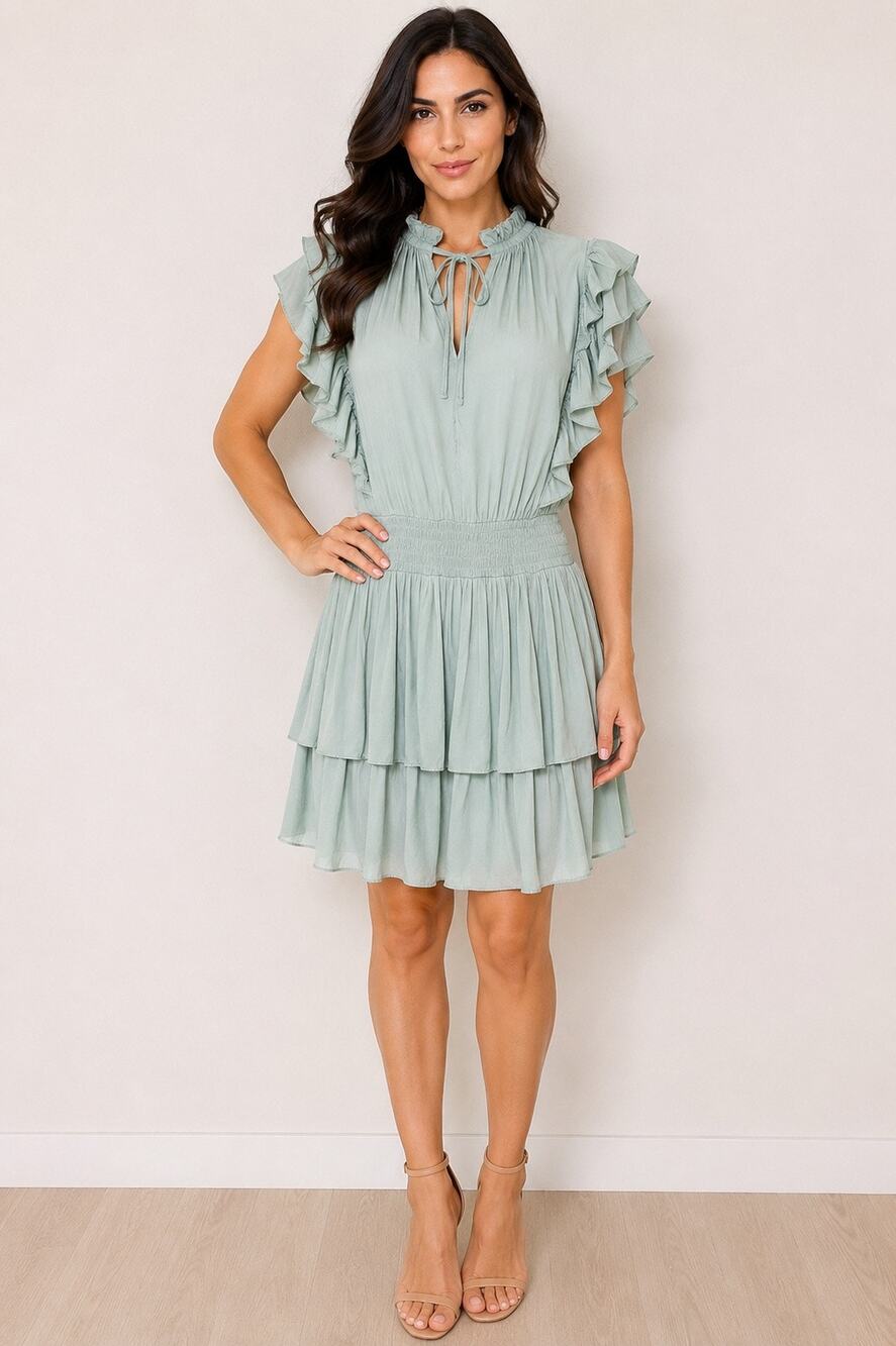 Mustard Seed Sage Green Satin Ruffle Tiered Mini Dress Size Small NWT